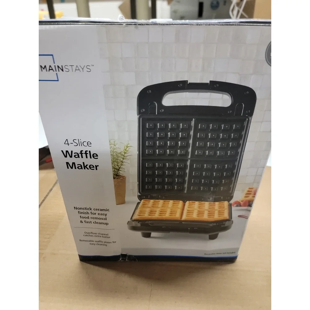Mainstays 4 Slice Waffle Maker Removable Plates Black Nonstick 1200W New In Box!